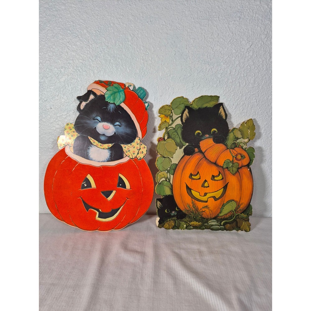 Vtg Halloween Die Cut Decorations Flocked Black Cat Jack-O-Lantern Set of 2